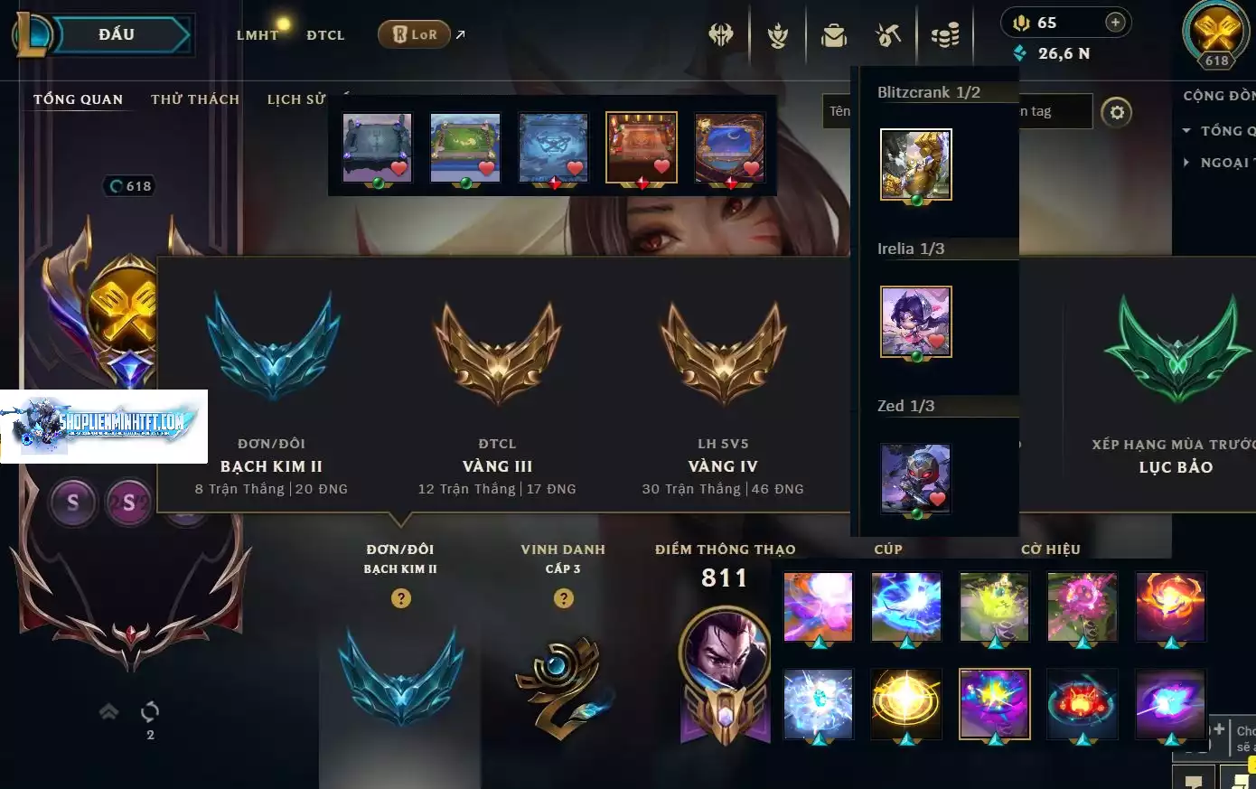 LOL ĐẸP Rank Đơn Bạch Kim 2   - Rất Nhiều Khung Đẹp  1185 Skin - Lv 618 - Full Tướng - Nhiều Hàng Hiệu Đa Sắc 253 - Còn Đổi Tên  TFT - Đủ Chơi  Thông Tin Hỗ Trợ Đầy Đủ - Bảo Hành 100%