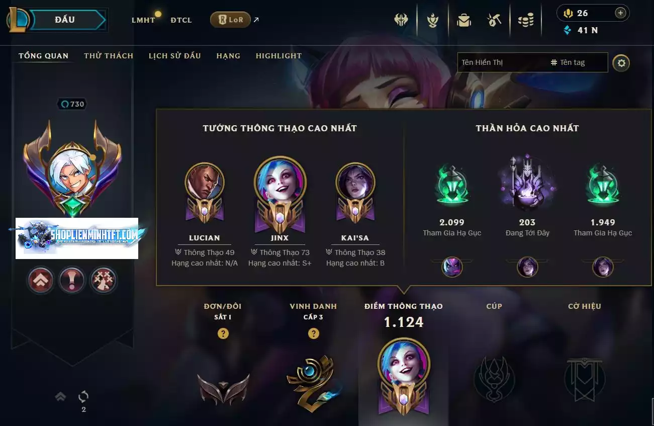 LOL ĐẸP Rank Đơn Sắt 1  - Rất Nhiều Khung Đẹp  1057 Skin - Lv 730 - Full Tướng - Nhiều Hàng Hiệu Đa Sắc 400 - Còn Đổi Tên  TFT - Đủ Chơi 3 Pet Tím 1 Sàn Tím  Thông Tin Hỗ Trợ Đầy Đủ - Bảo Hành 100%