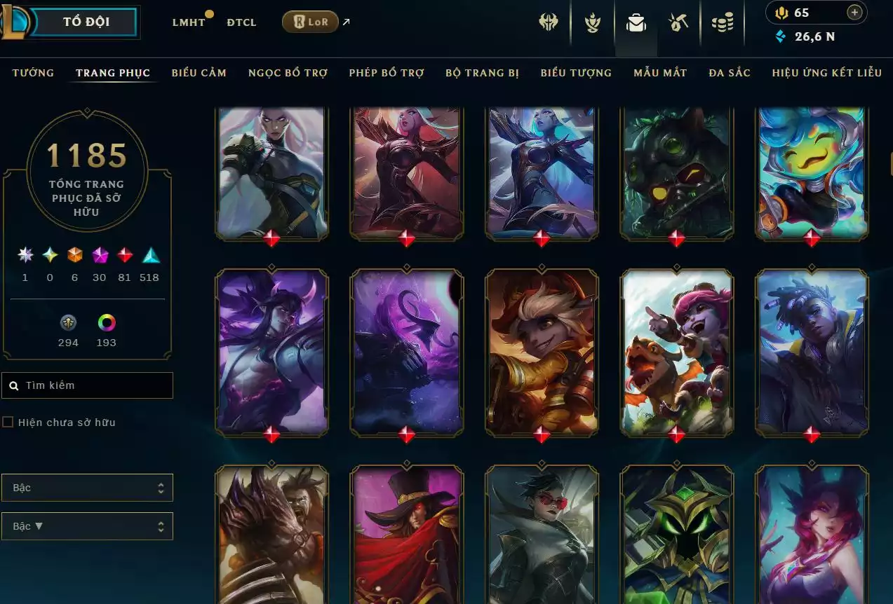 Ảnh LOL ĐẸP Rank Đơn Bạch Kim 2   - Rất Nhiều Khung Đẹp  1185 Skin - Lv 618 - Full Tướng - Nhiều Hàng Hiệu Đa Sắc 253 - Còn Đổi Tên  TFT - Đủ Chơi  Thông Tin Hỗ Trợ Đầy Đủ - Bảo Hành 100%