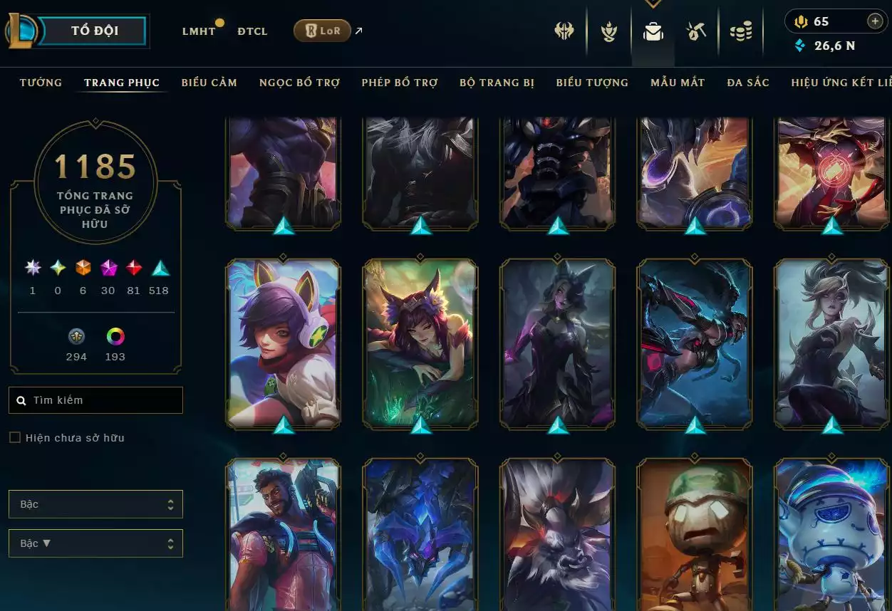 Ảnh LOL ĐẸP Rank Đơn Bạch Kim 2   - Rất Nhiều Khung Đẹp  1185 Skin - Lv 618 - Full Tướng - Nhiều Hàng Hiệu Đa Sắc 253 - Còn Đổi Tên  TFT - Đủ Chơi  Thông Tin Hỗ Trợ Đầy Đủ - Bảo Hành 100%