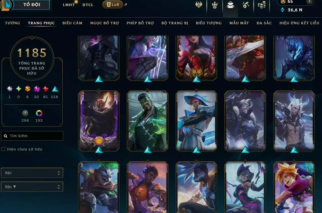 Ảnh LOL ĐẸP Rank Đơn Bạch Kim 2   - Rất Nhiều Khung Đẹp  1185 Skin - Lv 618 - Full Tướng - Nhiều Hàng Hiệu Đa Sắc 253 - Còn Đổi Tên  TFT - Đủ Chơi  Thông Tin Hỗ Trợ Đầy Đủ - Bảo Hành 100%