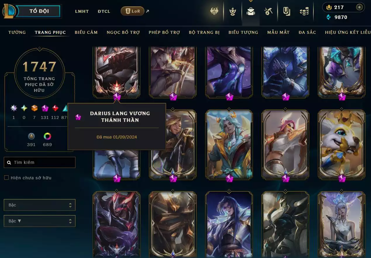 Ảnh LOL TFT VIP  Rank Đơn Bạch Kim - Rất Nhiều Khung Đẹp  1747 Skin - Lv 730 - Full Tướng - Nhiều Hàng Hiệu Đa Sắc 697 - Còn Đổi Tên  TFT - TFT VIP Như Ảnh  Thông Tin Hỗ Trợ Đầy Đủ - Bảo Hành 100%