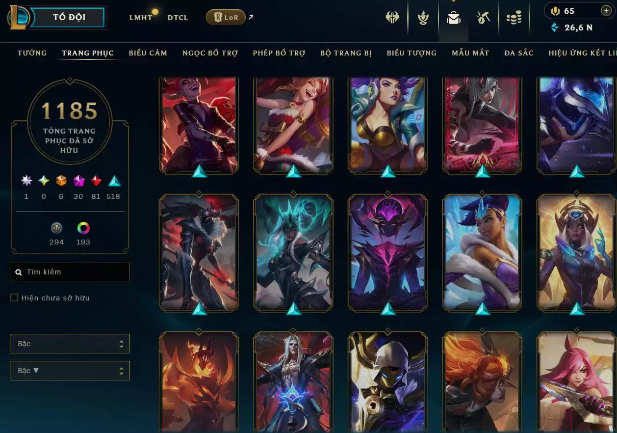 Ảnh LOL ĐẸP Rank Đơn Bạch Kim 2   - Rất Nhiều Khung Đẹp  1185 Skin - Lv 618 - Full Tướng - Nhiều Hàng Hiệu Đa Sắc 253 - Còn Đổi Tên  TFT - Đủ Chơi  Thông Tin Hỗ Trợ Đầy Đủ - Bảo Hành 100%