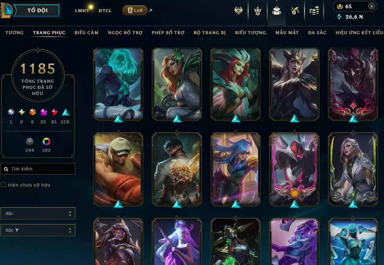 Ảnh LOL ĐẸP Rank Đơn Bạch Kim 2   - Rất Nhiều Khung Đẹp  1185 Skin - Lv 618 - Full Tướng - Nhiều Hàng Hiệu Đa Sắc 253 - Còn Đổi Tên  TFT - Đủ Chơi  Thông Tin Hỗ Trợ Đầy Đủ - Bảo Hành 100%