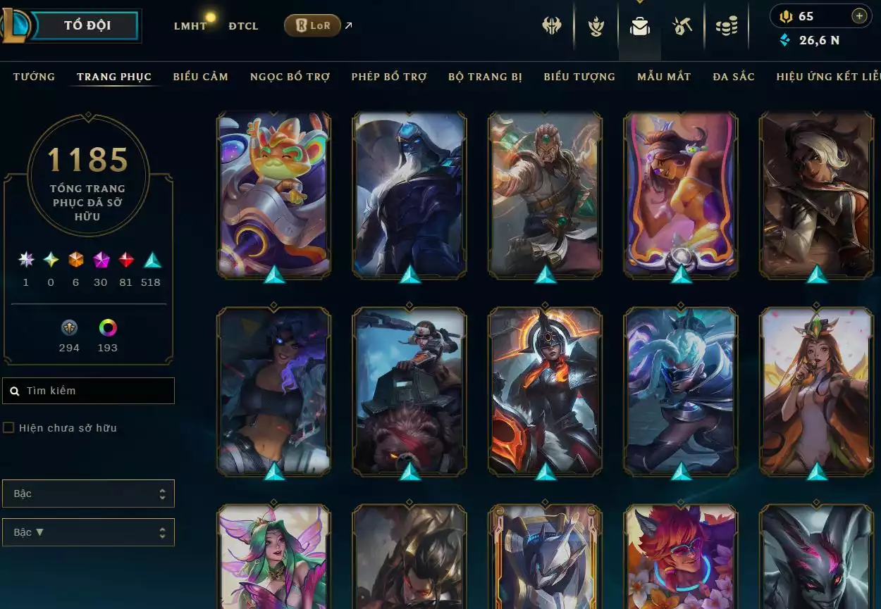 Ảnh LOL ĐẸP Rank Đơn Bạch Kim 2   - Rất Nhiều Khung Đẹp  1185 Skin - Lv 618 - Full Tướng - Nhiều Hàng Hiệu Đa Sắc 253 - Còn Đổi Tên  TFT - Đủ Chơi  Thông Tin Hỗ Trợ Đầy Đủ - Bảo Hành 100%