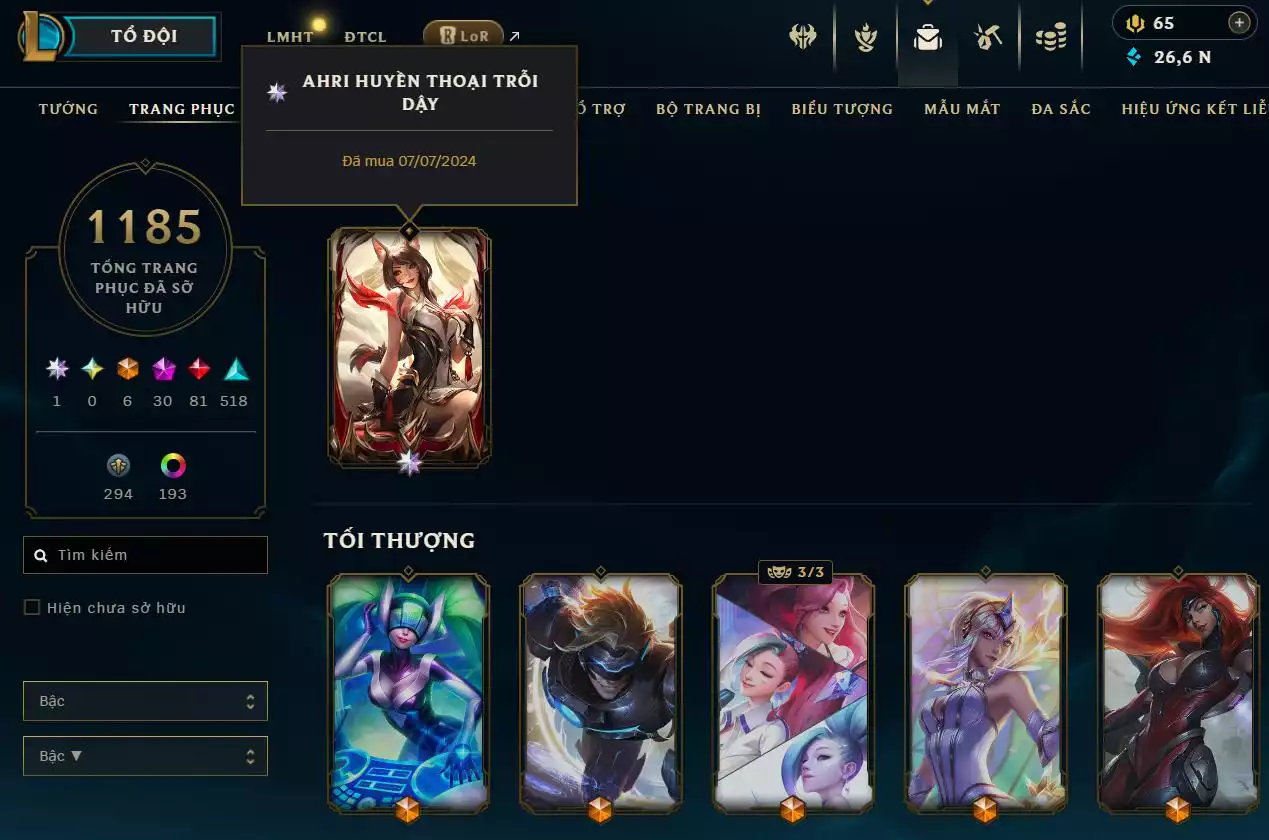 Ảnh LOL ĐẸP Rank Đơn Bạch Kim 2   - Rất Nhiều Khung Đẹp  1185 Skin - Lv 618 - Full Tướng - Nhiều Hàng Hiệu Đa Sắc 253 - Còn Đổi Tên  TFT - Đủ Chơi  Thông Tin Hỗ Trợ Đầy Đủ - Bảo Hành 100%