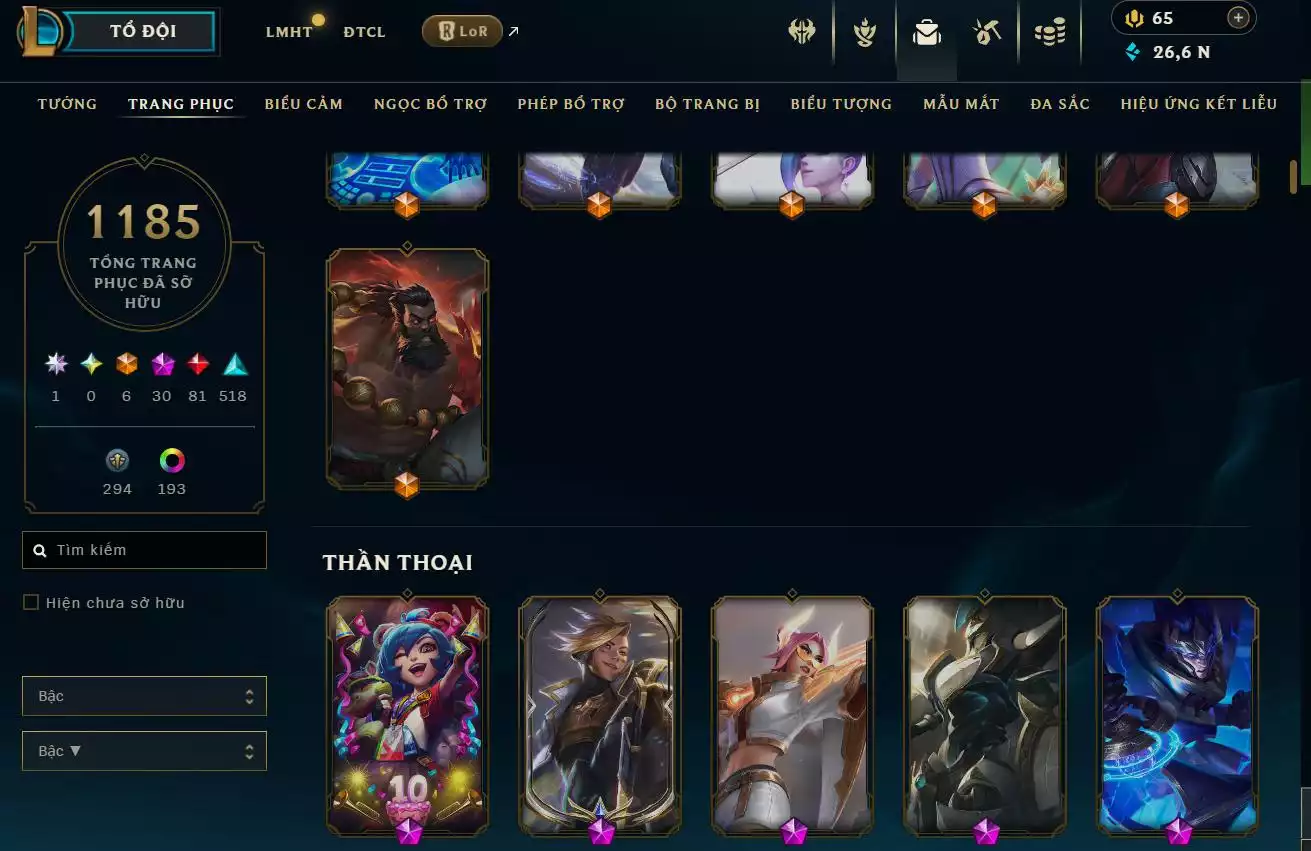 Ảnh LOL ĐẸP Rank Đơn Bạch Kim 2   - Rất Nhiều Khung Đẹp  1185 Skin - Lv 618 - Full Tướng - Nhiều Hàng Hiệu Đa Sắc 253 - Còn Đổi Tên  TFT - Đủ Chơi  Thông Tin Hỗ Trợ Đầy Đủ - Bảo Hành 100%
