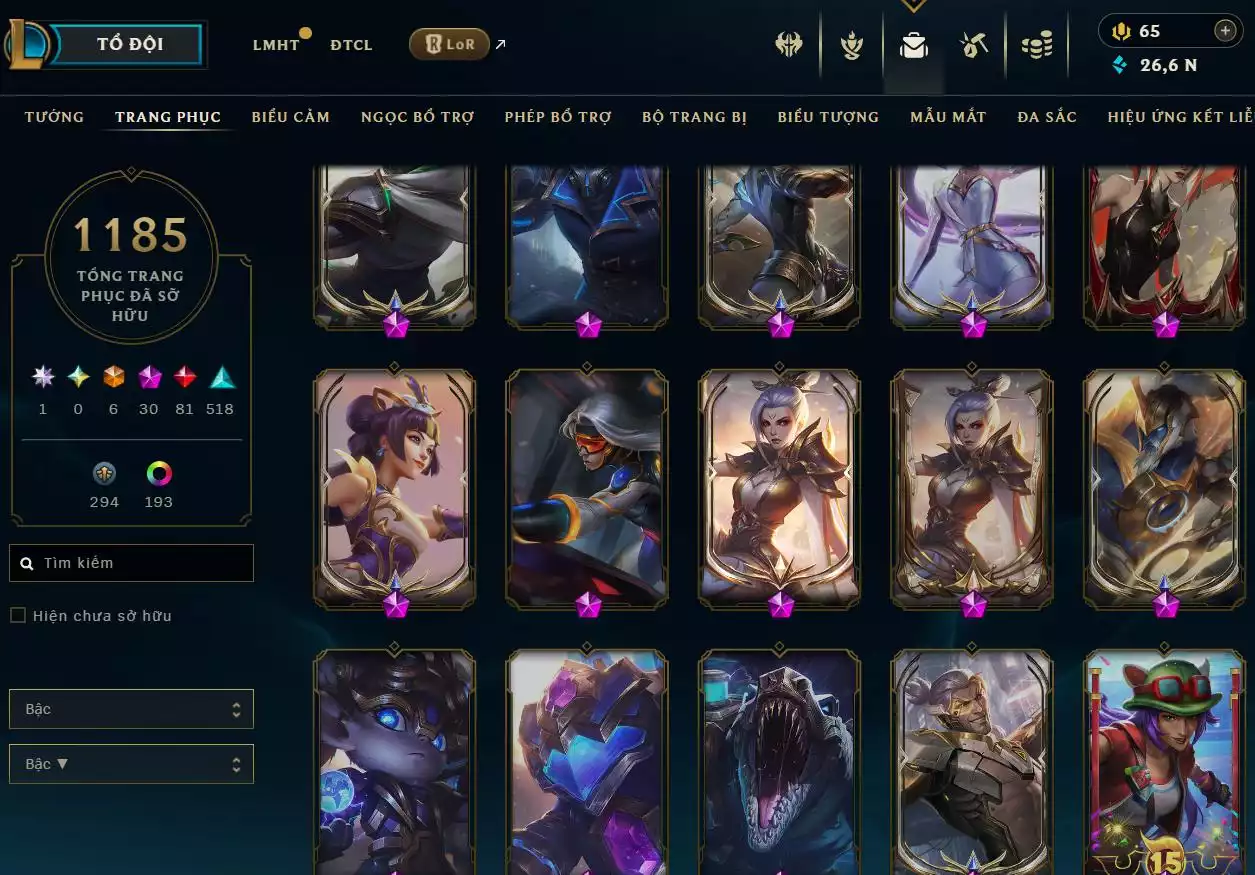 Ảnh LOL ĐẸP Rank Đơn Bạch Kim 2   - Rất Nhiều Khung Đẹp  1185 Skin - Lv 618 - Full Tướng - Nhiều Hàng Hiệu Đa Sắc 253 - Còn Đổi Tên  TFT - Đủ Chơi  Thông Tin Hỗ Trợ Đầy Đủ - Bảo Hành 100%