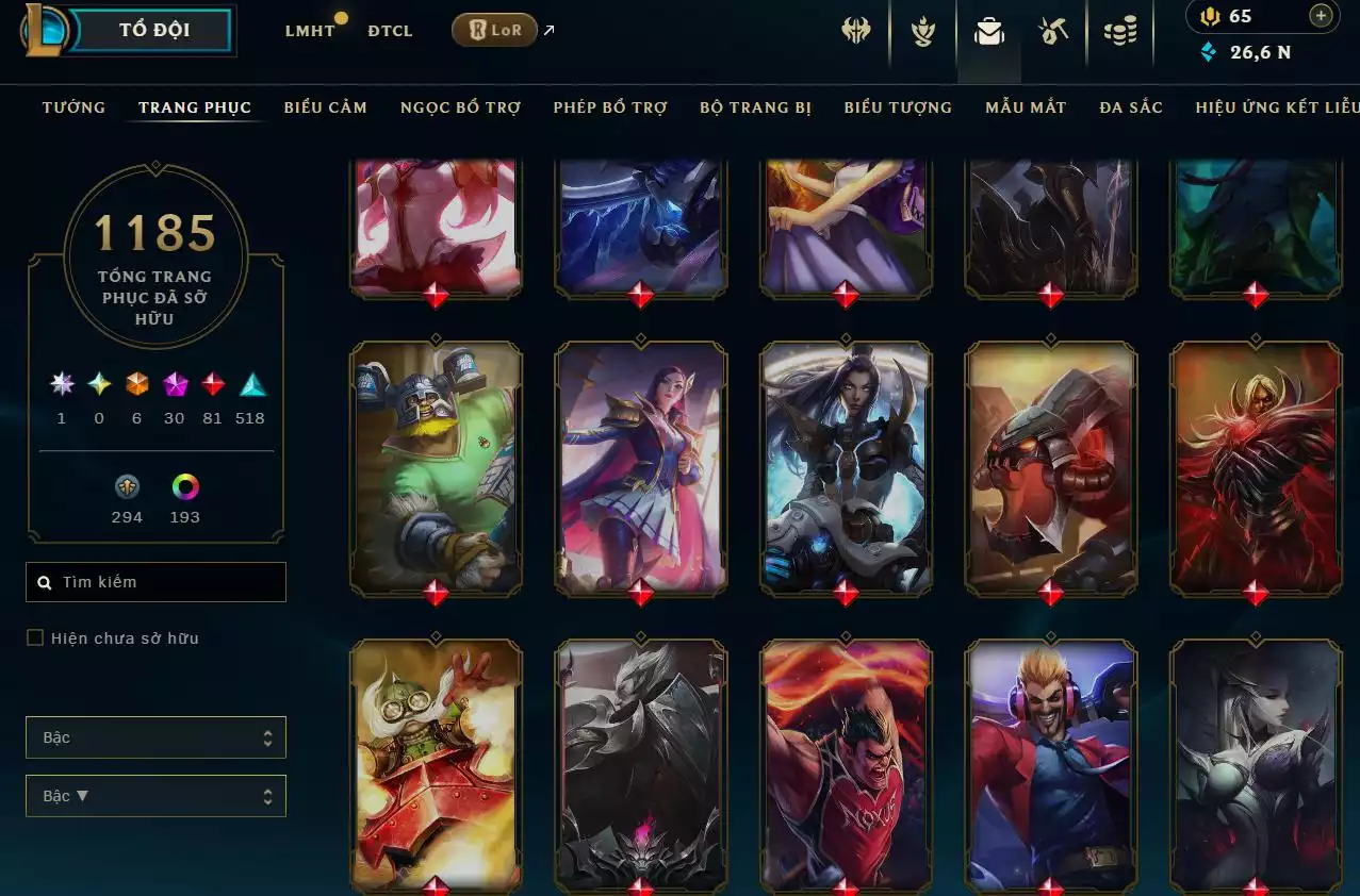 Ảnh LOL ĐẸP Rank Đơn Bạch Kim 2   - Rất Nhiều Khung Đẹp  1185 Skin - Lv 618 - Full Tướng - Nhiều Hàng Hiệu Đa Sắc 253 - Còn Đổi Tên  TFT - Đủ Chơi  Thông Tin Hỗ Trợ Đầy Đủ - Bảo Hành 100%