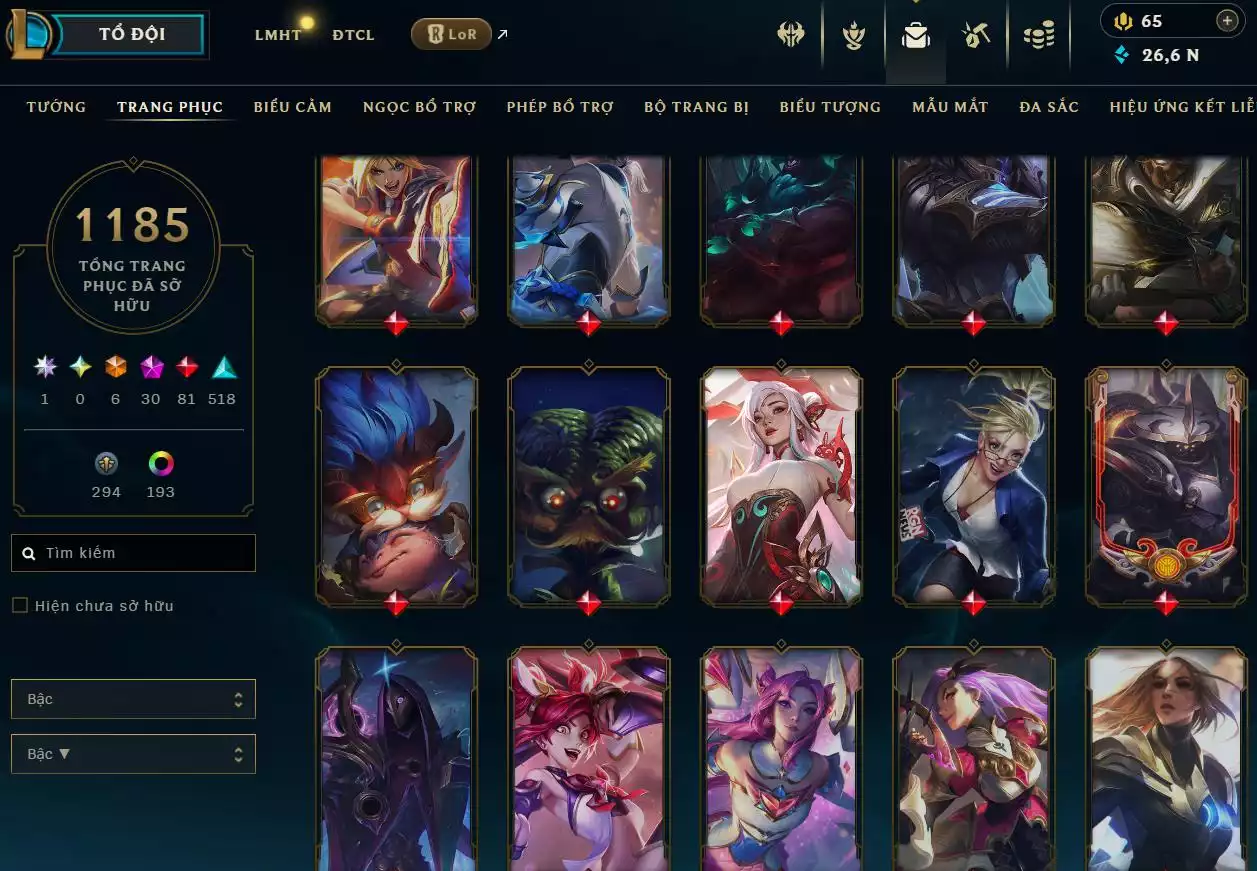 Ảnh LOL ĐẸP Rank Đơn Bạch Kim 2   - Rất Nhiều Khung Đẹp  1185 Skin - Lv 618 - Full Tướng - Nhiều Hàng Hiệu Đa Sắc 253 - Còn Đổi Tên  TFT - Đủ Chơi  Thông Tin Hỗ Trợ Đầy Đủ - Bảo Hành 100%