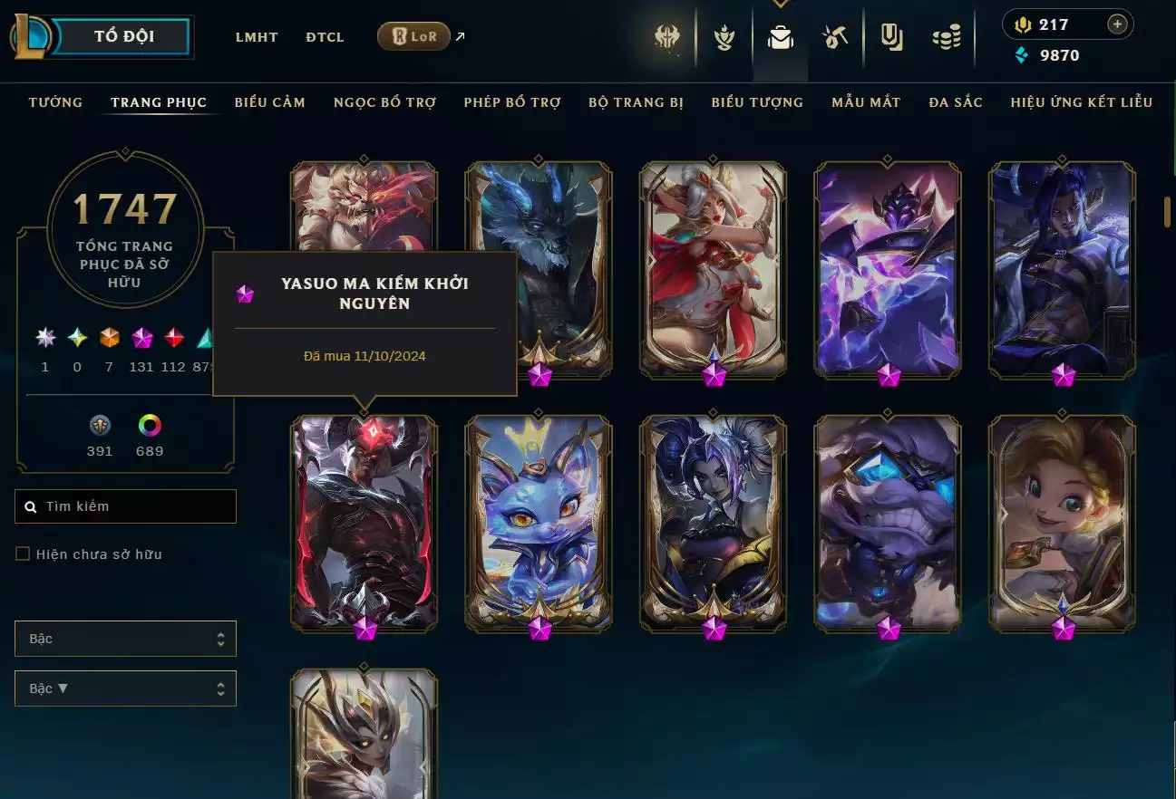 Ảnh LOL TFT VIP  Rank Đơn Bạch Kim - Rất Nhiều Khung Đẹp  1747 Skin - Lv 730 - Full Tướng - Nhiều Hàng Hiệu Đa Sắc 697 - Còn Đổi Tên  TFT - TFT VIP Như Ảnh  Thông Tin Hỗ Trợ Đầy Đủ - Bảo Hành 100%