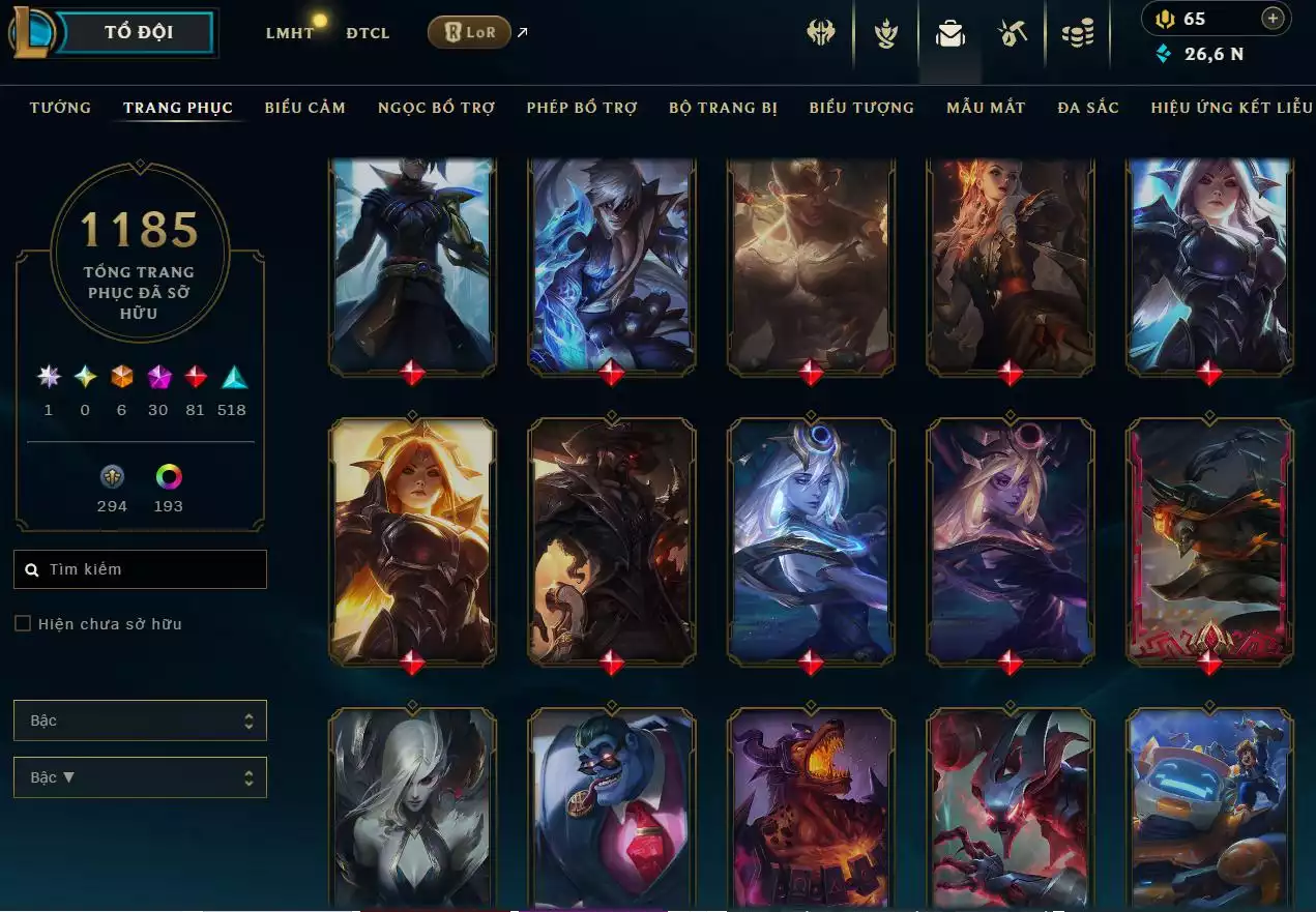 Ảnh LOL ĐẸP Rank Đơn Bạch Kim 2   - Rất Nhiều Khung Đẹp  1185 Skin - Lv 618 - Full Tướng - Nhiều Hàng Hiệu Đa Sắc 253 - Còn Đổi Tên  TFT - Đủ Chơi  Thông Tin Hỗ Trợ Đầy Đủ - Bảo Hành 100%