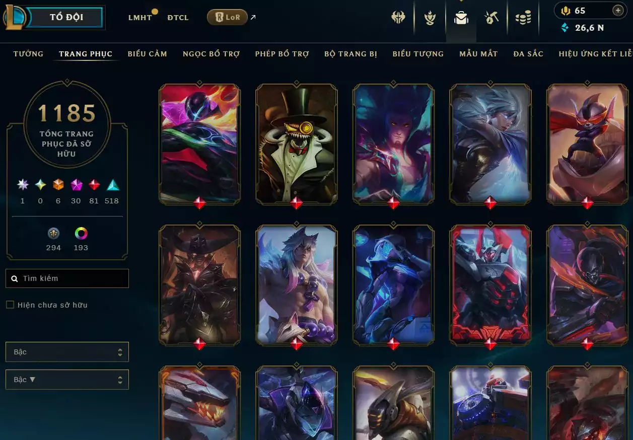 Ảnh LOL ĐẸP Rank Đơn Bạch Kim 2   - Rất Nhiều Khung Đẹp  1185 Skin - Lv 618 - Full Tướng - Nhiều Hàng Hiệu Đa Sắc 253 - Còn Đổi Tên  TFT - Đủ Chơi  Thông Tin Hỗ Trợ Đầy Đủ - Bảo Hành 100%