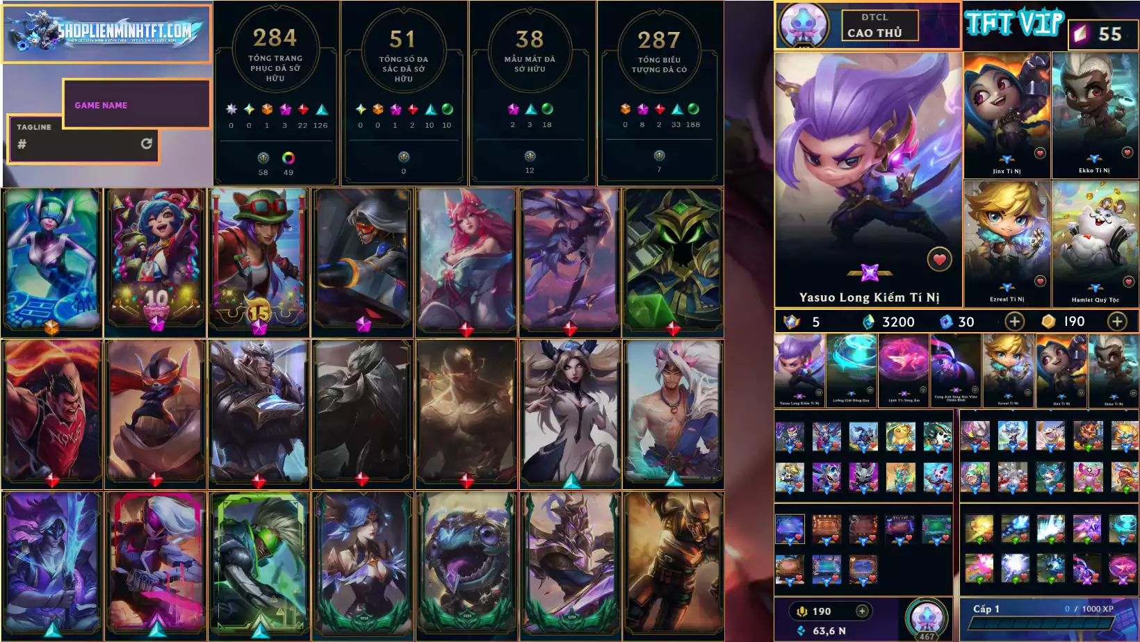 ACC RANK ĐƠN - LINH HOẠT : LỤC BẢO 1 ELO CAO THỦ ĐTCL RANK CAO THỦ PET YASUO LONG KIẾM + 3 TÍ NỊ THƯỜNG 5 HUY CHƯƠNG THẦN THOẠI 8 SÀN XANH VÀ NHIỀU SÀN KHÁC 2 CHỬNG LỰC TÍM VÀ NHIỀU CHƯỞNG ĐẸP KHÁC  284 SKIN 7 KHUNG 51 ĐA SẮC ( 1 ĐA SẮC THẦN THOẠI ) LV 467 FULL TƯỚNG DƯ NHIỀU MẢNH TƯỚNG VÀ THL VS THC