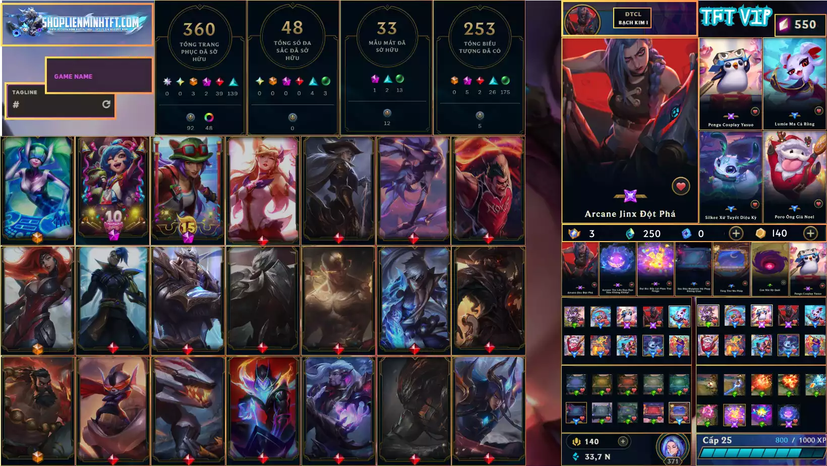 ACC LV 371 UNL RANK 5VS5 - ĐTCL RANK BẠCH KIM 1 PET CRCANE JINX ĐỘT PHÁ + PENGO COSPLAY YASUO  3 HUY CHƯƠNG + 2 SÀN XANH VÀ VÀI SÀN KHÁC + 2 CHƯỞNG LỰC TÍM VÀ VÀI CHƯỞNG ĐẸP KHÁC  ACC 360 SKIN 48 ĐA SẮC FULL TƯỚNG