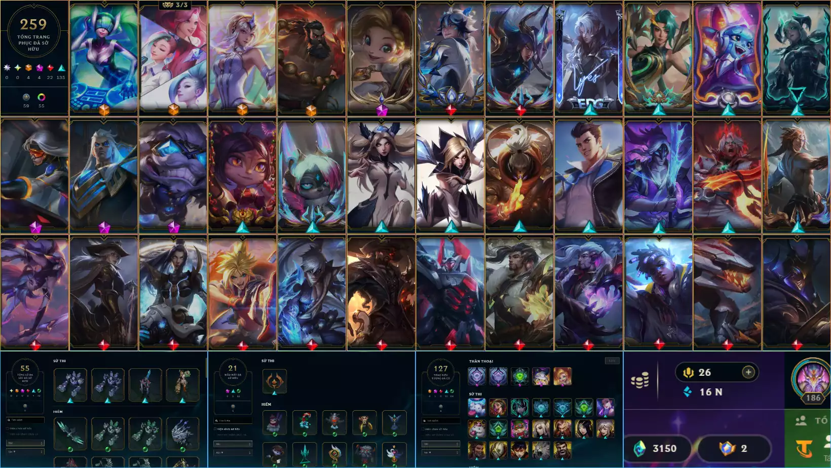 ACC 256 SKIN 1 HÀNG HIỆU - ZOE MA PHÁP SƯ + 10 KHUNG CẤP 186 FULL TƯỚNG 55 ĐA SẮC UNL RANK ALL ĐTCL PET SÀN CHƯỞNG ĐỦ CHƠI