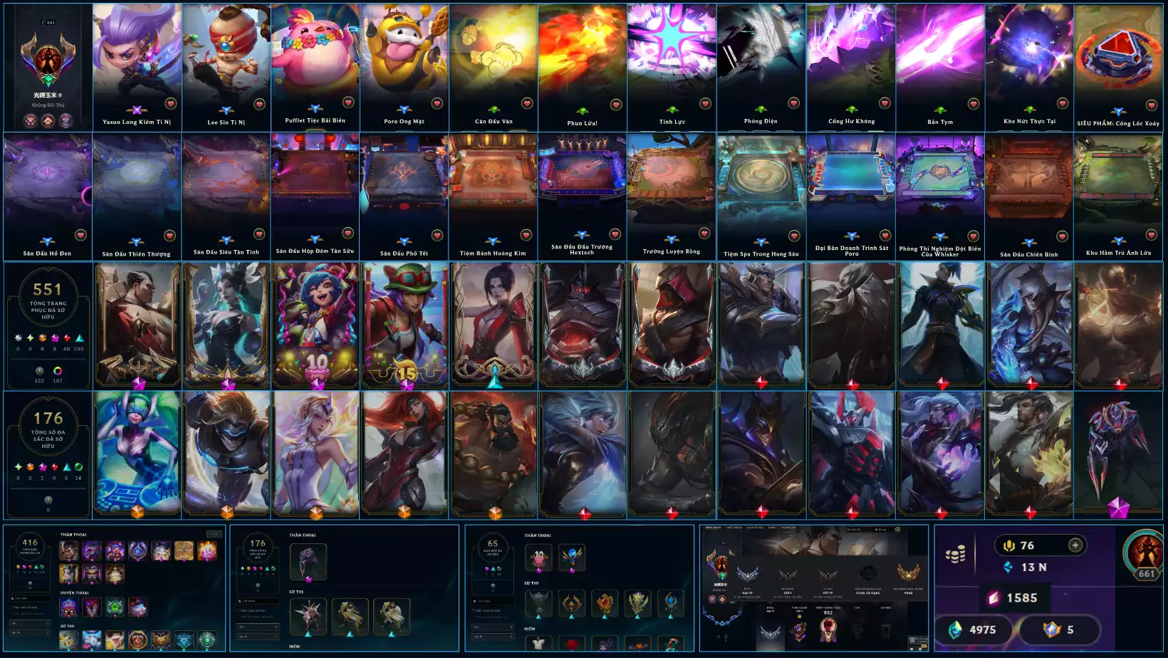 ACC 551 SKIN 7 KHUNG 2 HÀNG HIỆU 176 ĐA SẮC (1 ĐA SẮC THẦN THOẠI) CẤP 661 RANK SẮT 1 ĐTCL RANK BẠC 4 PET YASUO LONG KIẾM TÍ NỊ + 13 SÀN +104 CHƯỞNG LỰC+CỔNG DỊCH CHUYỂN SIÊU PHẨM. DƯ 5 HUY CHƯƠNG VÀ 4975 PHA LÊ