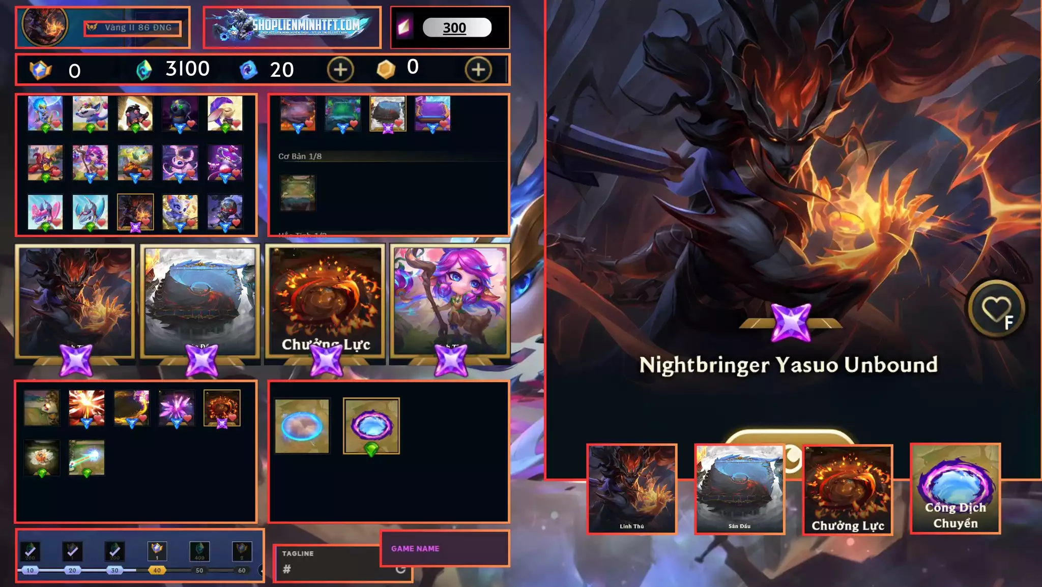 - Combo Yasuo Ma Kiếm Đột Phá Chưởng Sàn - Dư 0 Huy Chương - 0 Vàng - 3 Tím - 1 Sàn Tím - Dư 3100 Pha Lê - 2 Tí Nị Thường - 3 Sàn Đỏ - Chưởng Lực Như Ảnh - Rank Vàng  - Còn Đổi Tên