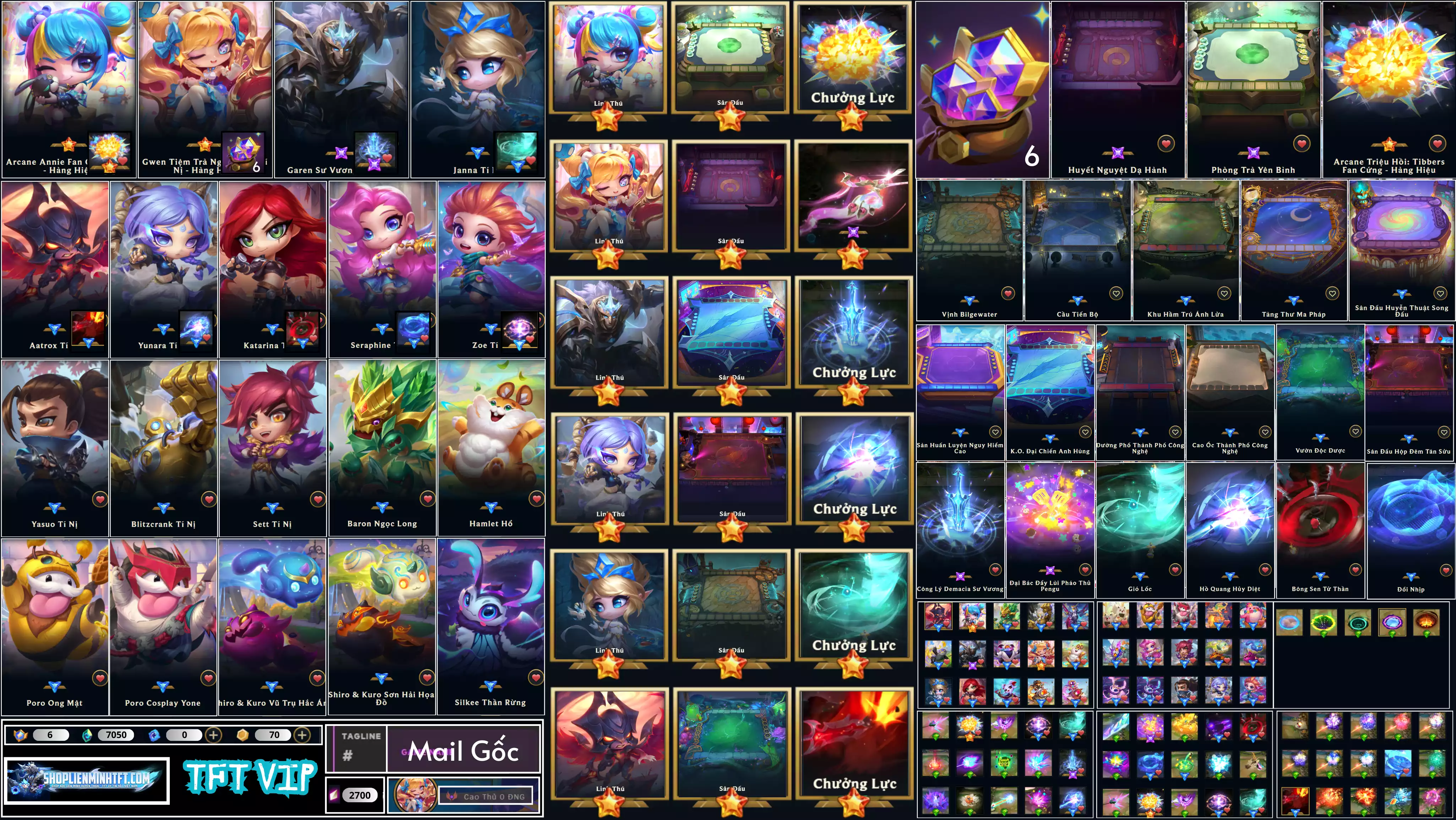 - Combo Annie Arcane Gwen Hàng Hiệu Chưởng Sàn  - Dư 6 Huy Chương - 3 Vàng - 2 Sàn Tím  - Dư 7050 Pha Lê - 9 Tí Nị Thường - 11 Sàn Đỏ  - Rank Cao Thủ - Còn Đổi Tên - Mail Gốc
